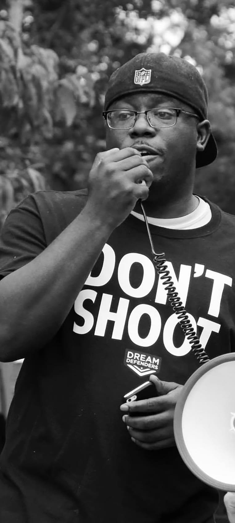 U-M graduate student Austin McCoy speaking at a protest in Ypsilanti, Michigan.