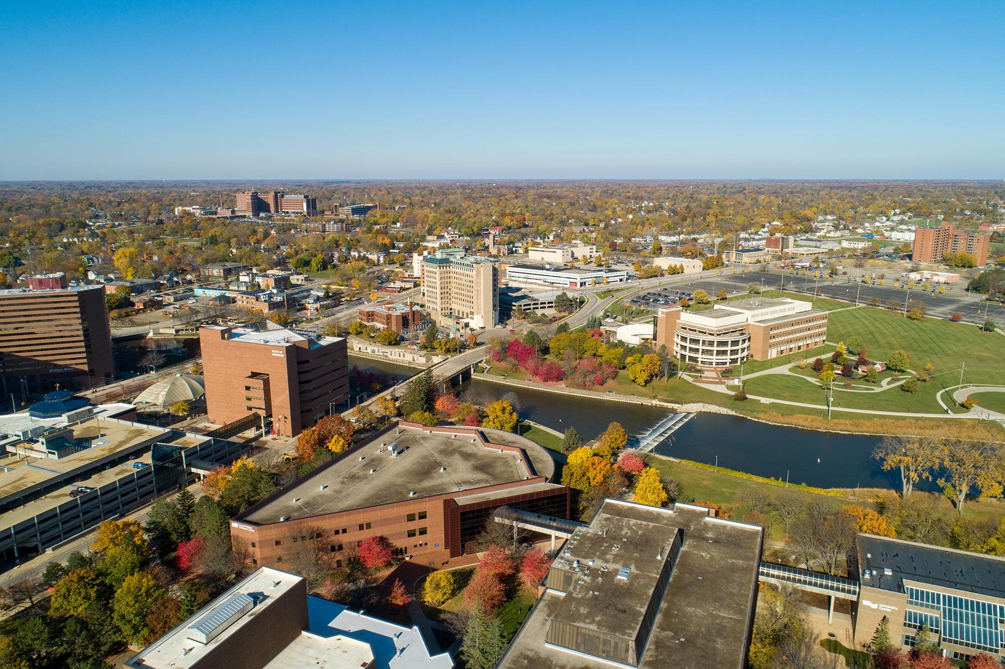 Drone view of UM-Flint campus in the fall, 2020
