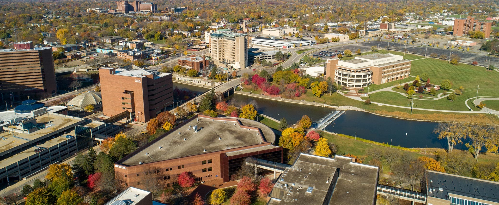 Drone view of UM-Flint campus in the fall, 2020