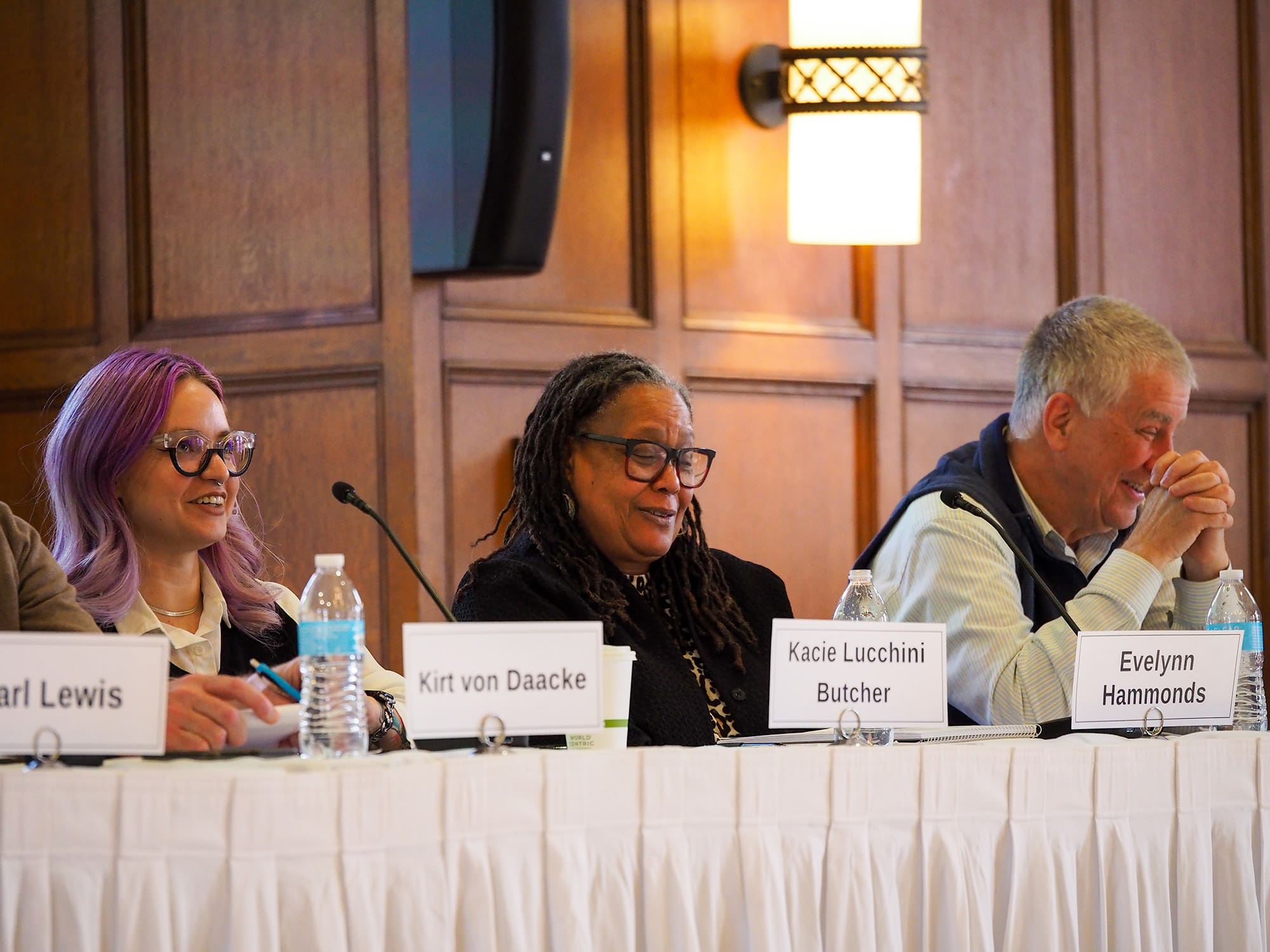 "Confronting an Institution’s Pasts" Symposium, presented by the Inclusive History Project and the Eisenberg Institute for Historical Studies on February 10, 2023. Seated (left to right) are panelists Kacie Lucchini Butcher, Evelynn Hammonds, and James Campbell.