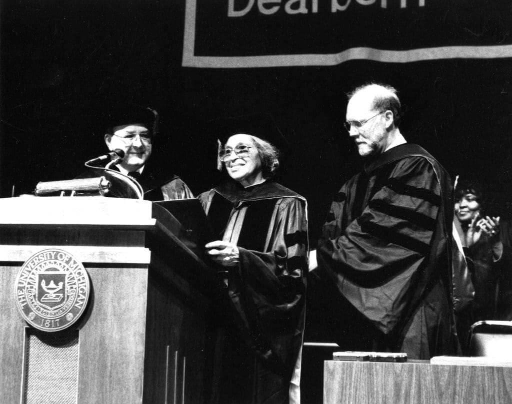 Rosa Parks receives honorary doctorate at UM-Dearborn Commencement, April 28, 1991