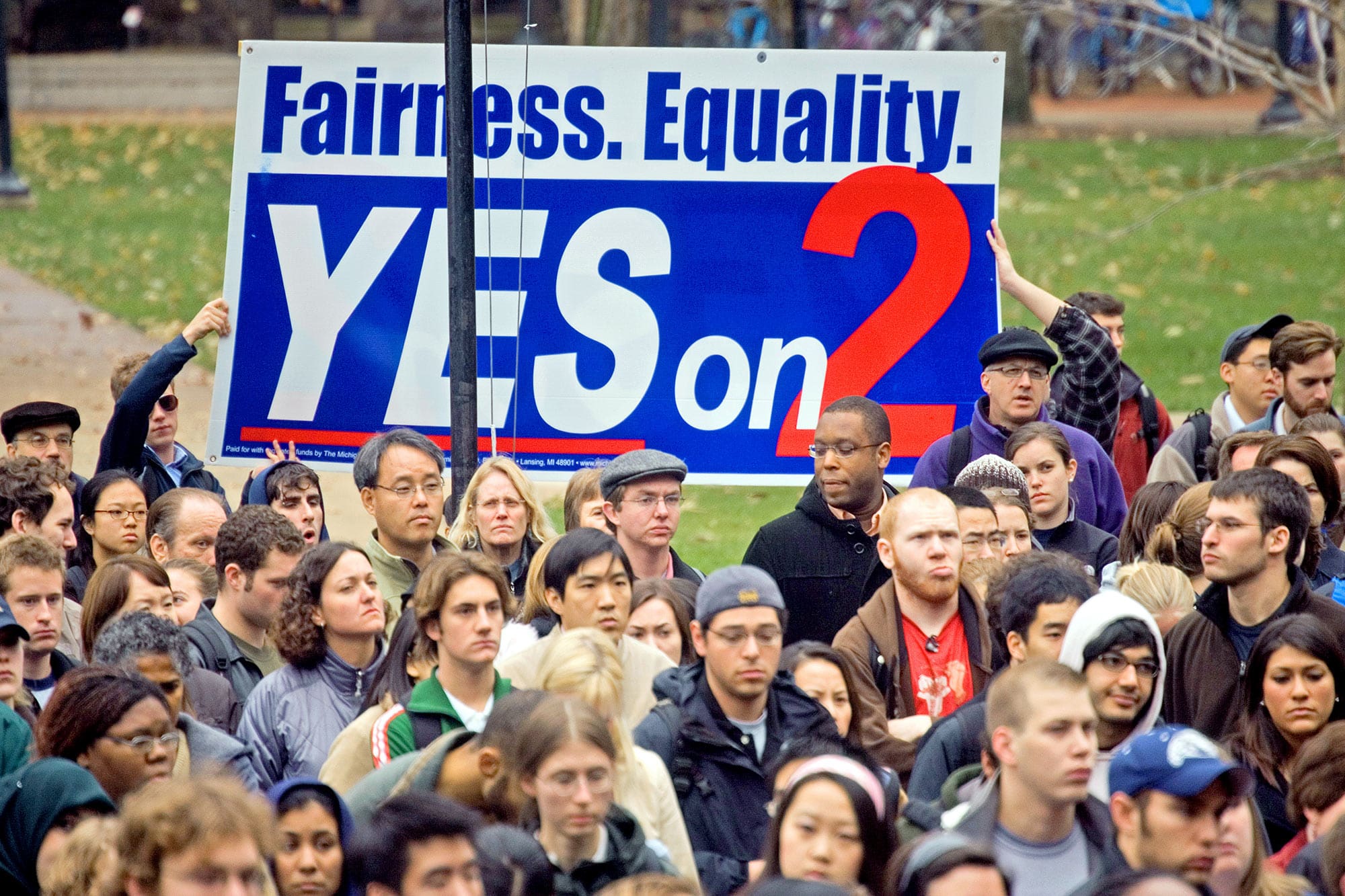 Students gather to hear University of Michigan President Mary Sue Coleman address the community on the Diag, one day after Michigan voters approved Proposal 2. Ann Arbor campus, November 8, 2006.