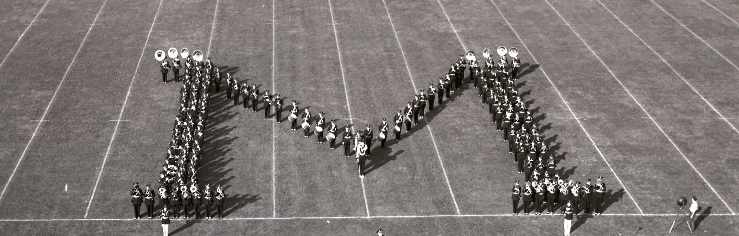 U-M Marching Band forming the Block M at the U-M vs. Michigan State football game on October 5, 1940.