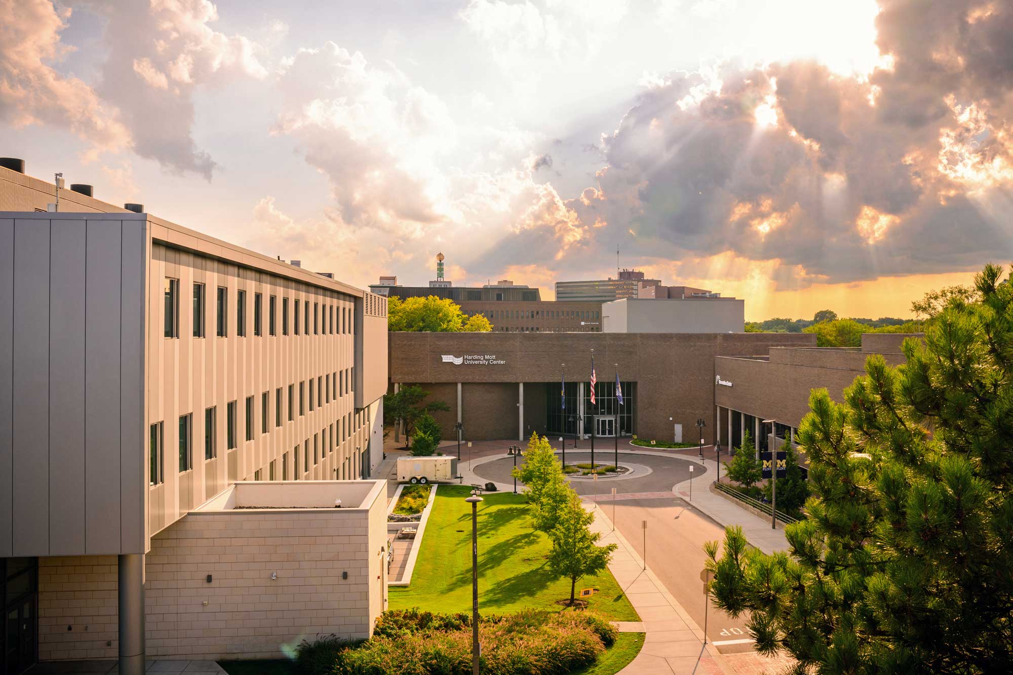 Aerial view of the Harding Mott University Center on the Flint campus
