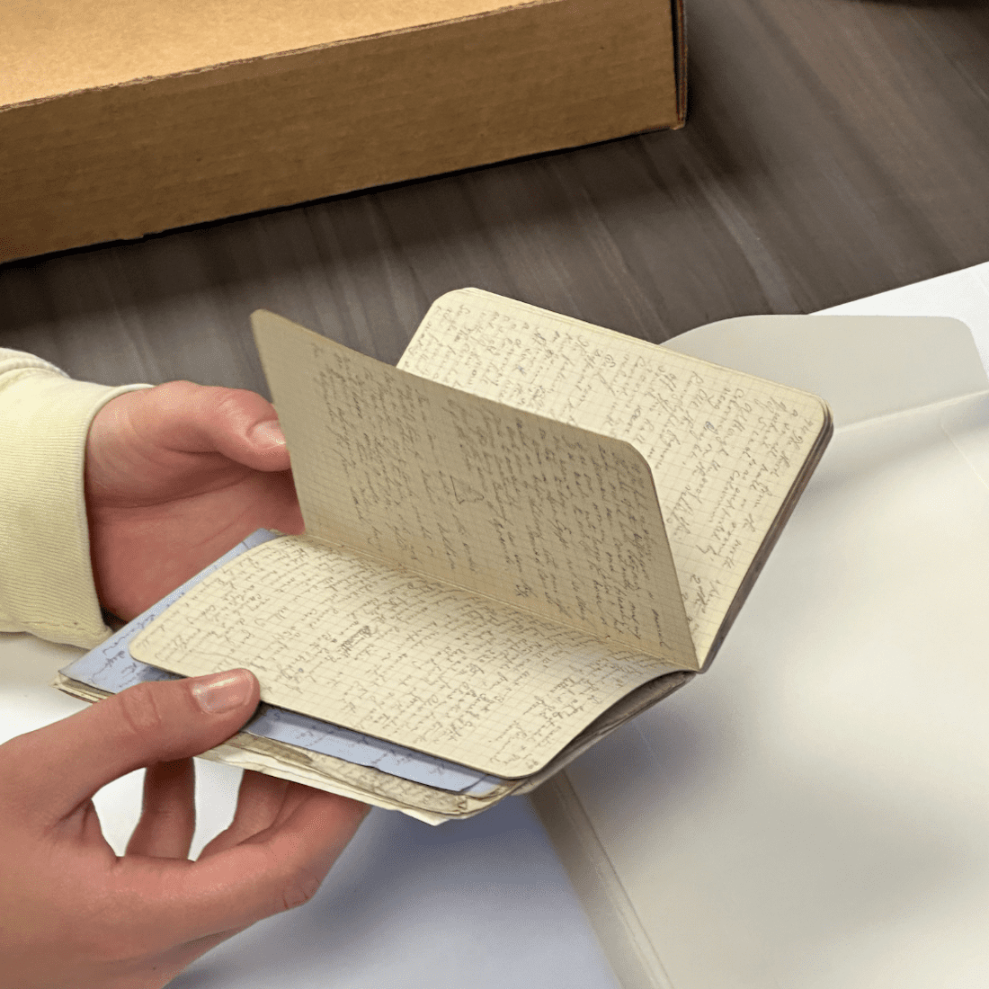 Hands holding an archival book.