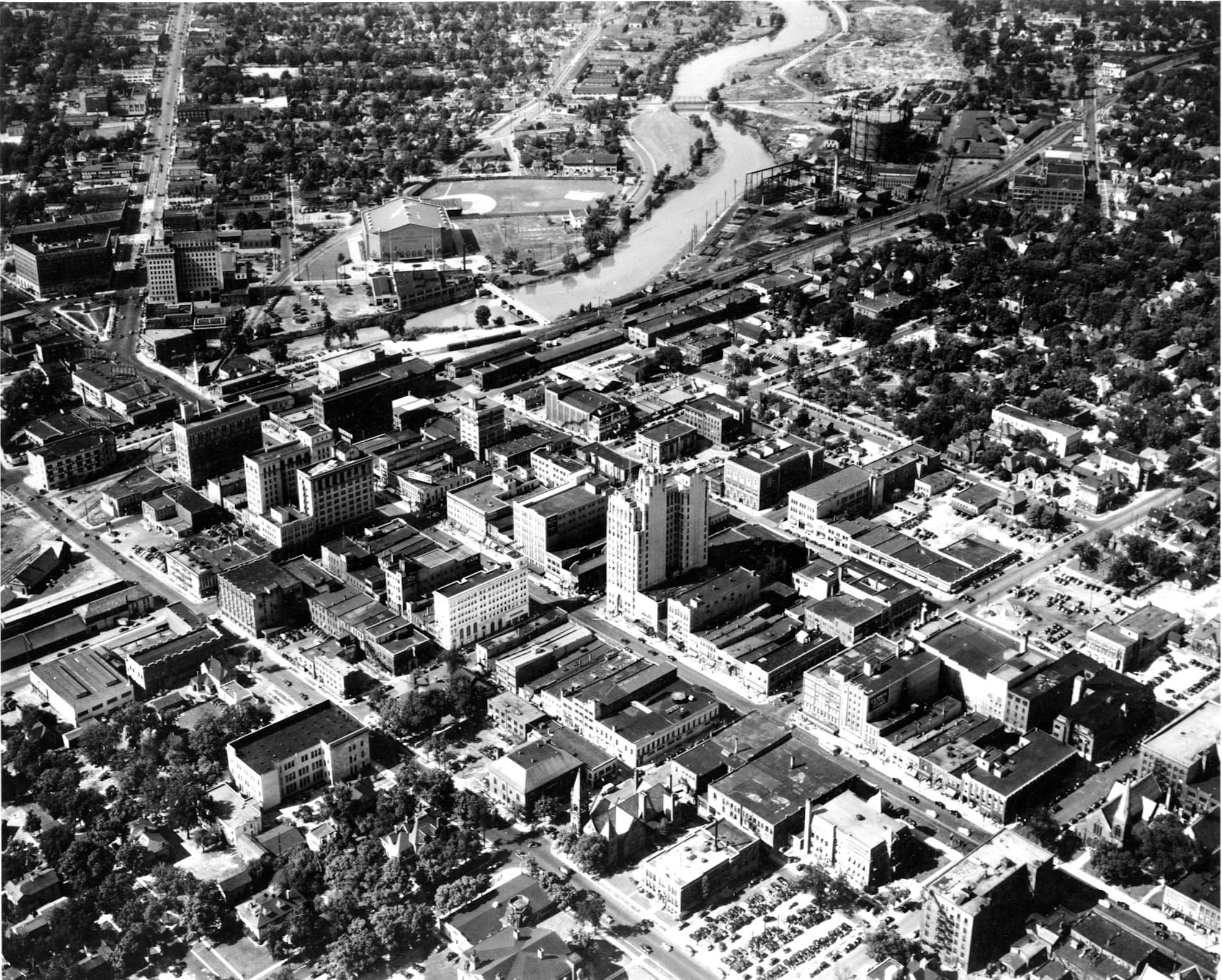 Aerial photograph of the Flint Central Business District in 1961, before urban renewal changed the face of downtown.