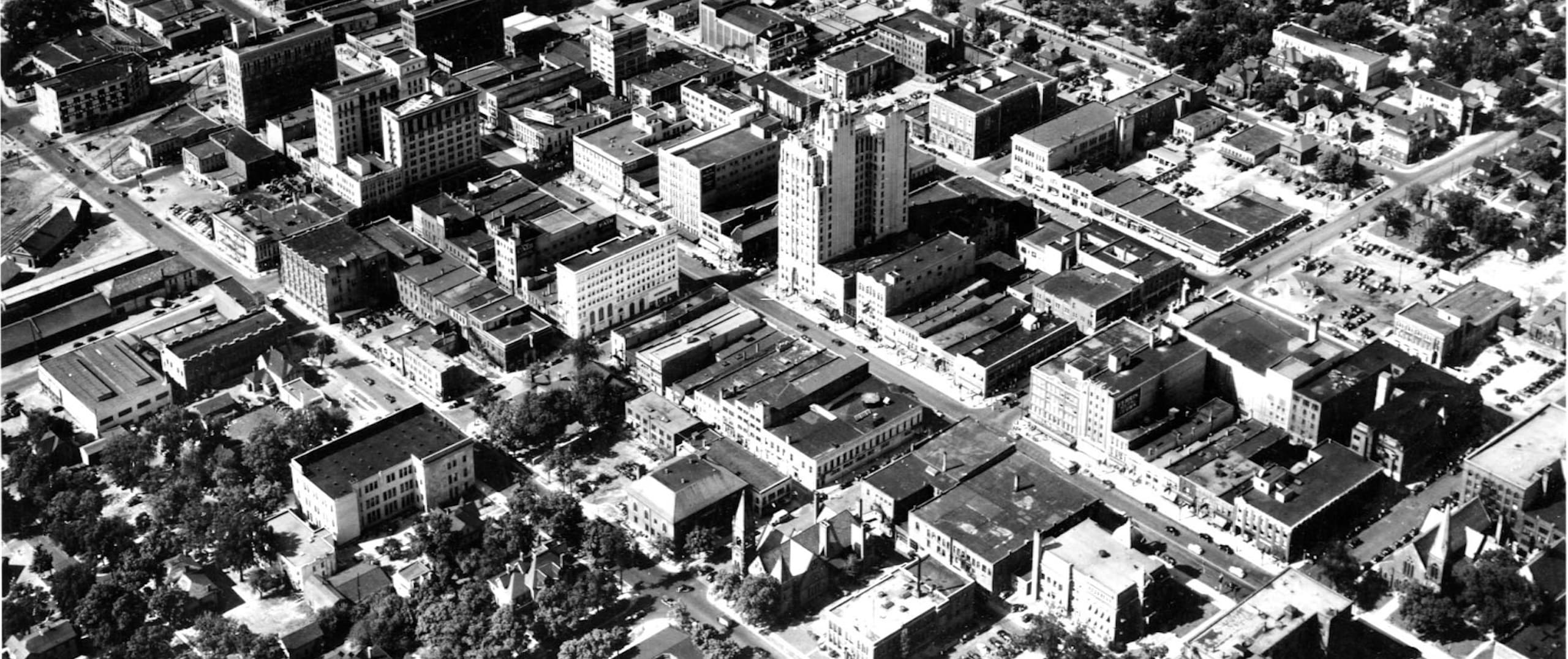 Aerial photograph of the Flint Central Business District in 1961, before urban renewal changed the face of downtown.