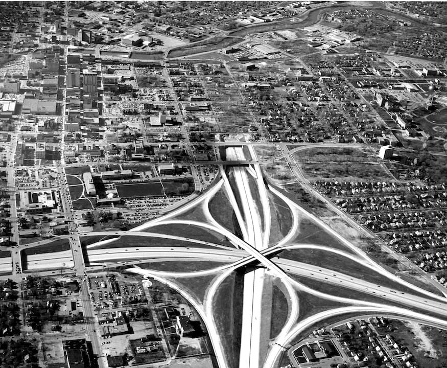 Aerial photograph of the I-69/I-475 interchange.