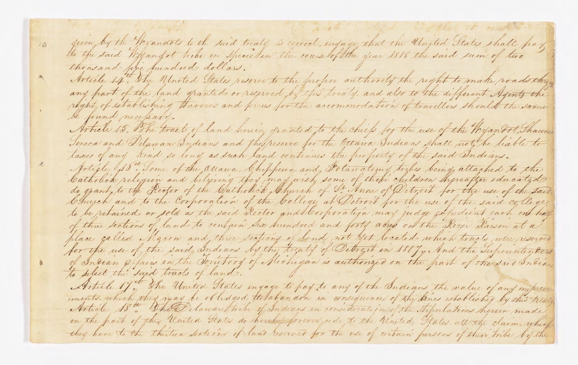 Article 16 of the Treaty of Fort Meigs, a document foundational to the development of the University of Michigan.