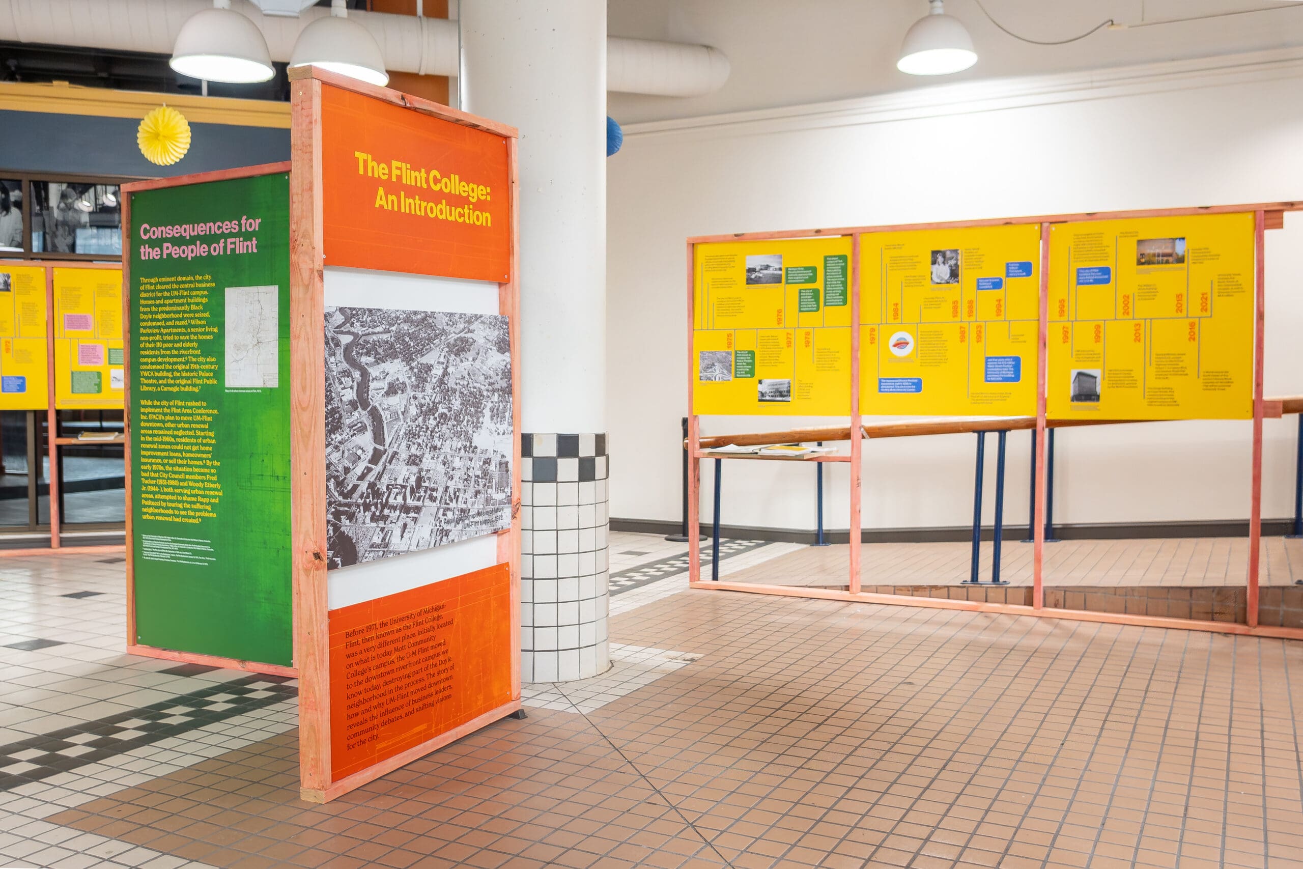 Bright, multi-colored exhibit displays in the University Pavilion.