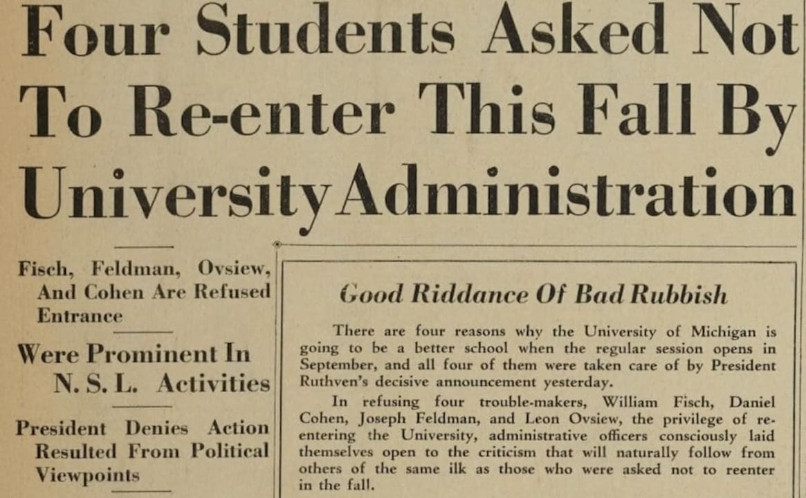 Michigan Daily headline "Four Students Asked Not To Re-enter This Fall By University Administration"