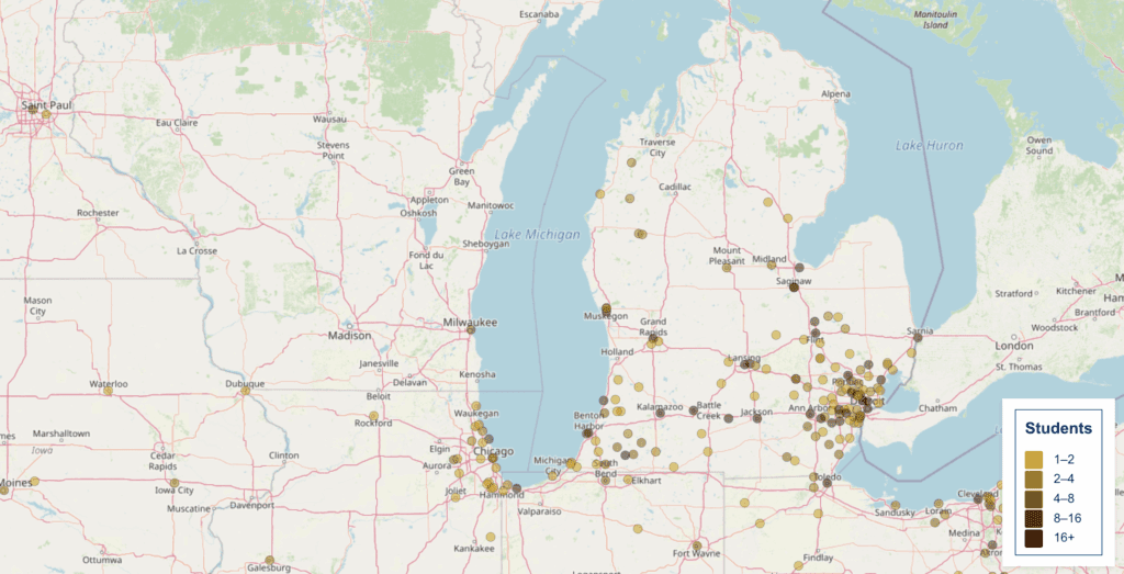 Map of part of the USA with data points showing the hometowns of some of the University of Michigan's African American alumni.