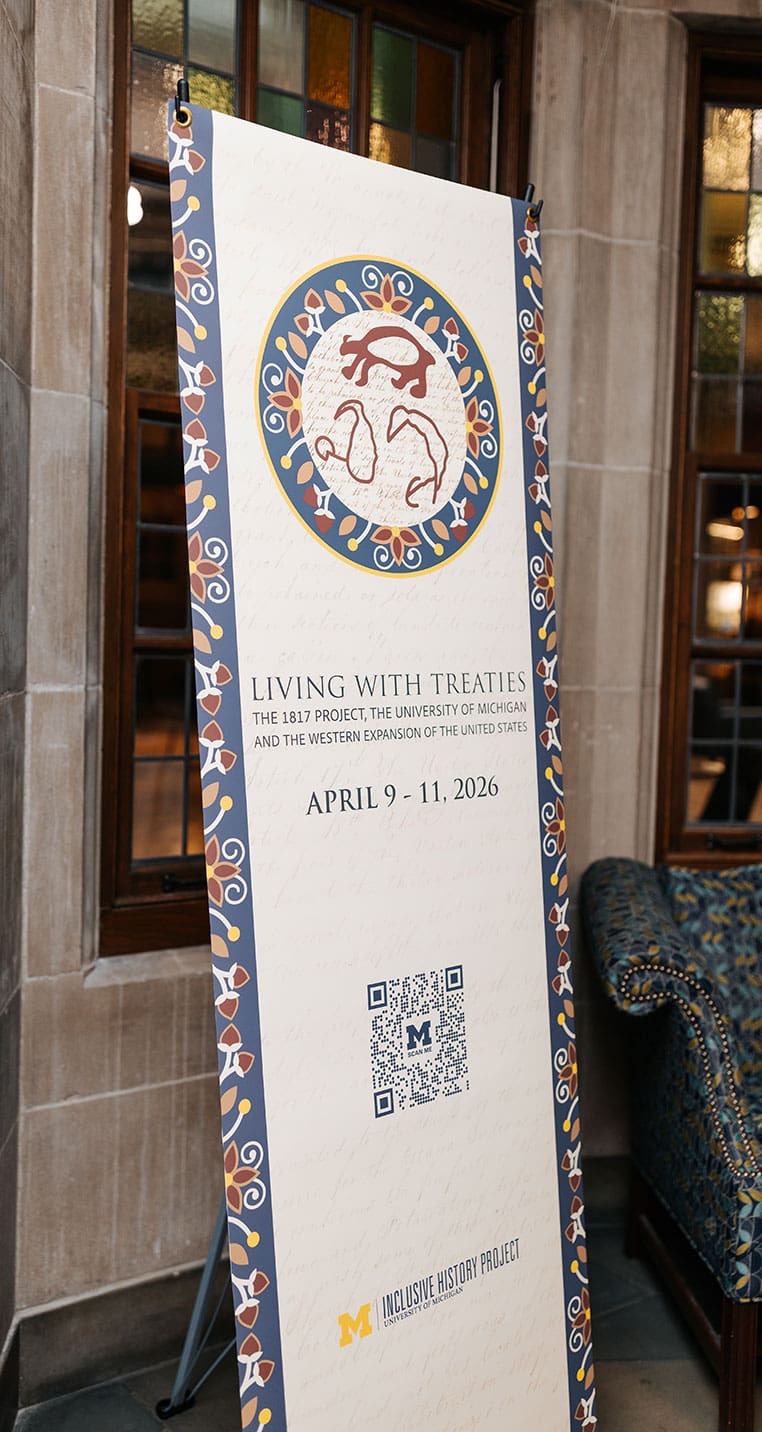 Vertical banner on display at the Living with Treaties conference.