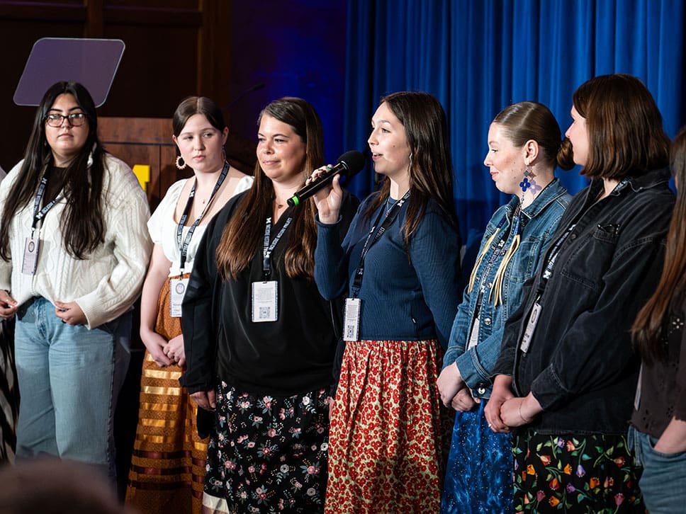 Students from Stick City, U-M’s Native American Student Association’s Drum Group, perform at the Living with Treaties Conference.