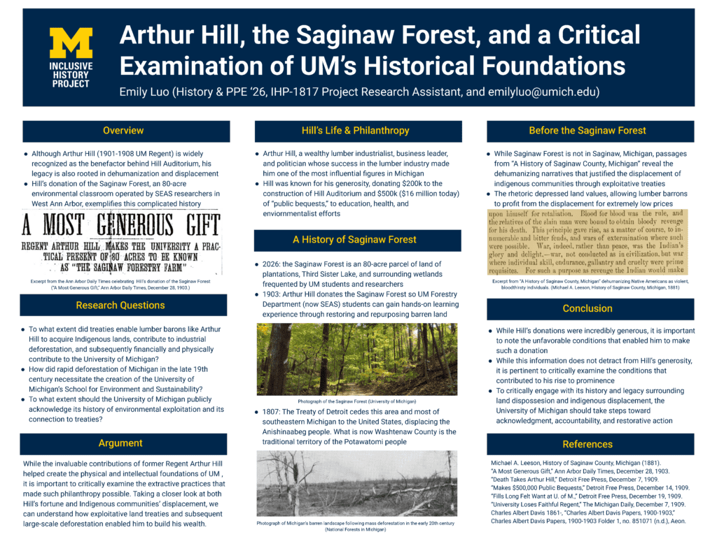 Undergraduate student Emily Luo’s poster that examines U-M Regent Arthur Hill’s lumbering interests, his fortune, and his contributions to U-M in early twentieth-century Michigan.