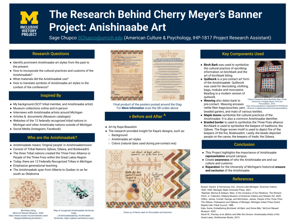 Undergraduate student Sage Chupco’s poster detailing Anishinaabeg artistic styles, materials, and methods that form the research behind professor Cherry Meyer’s banner project.