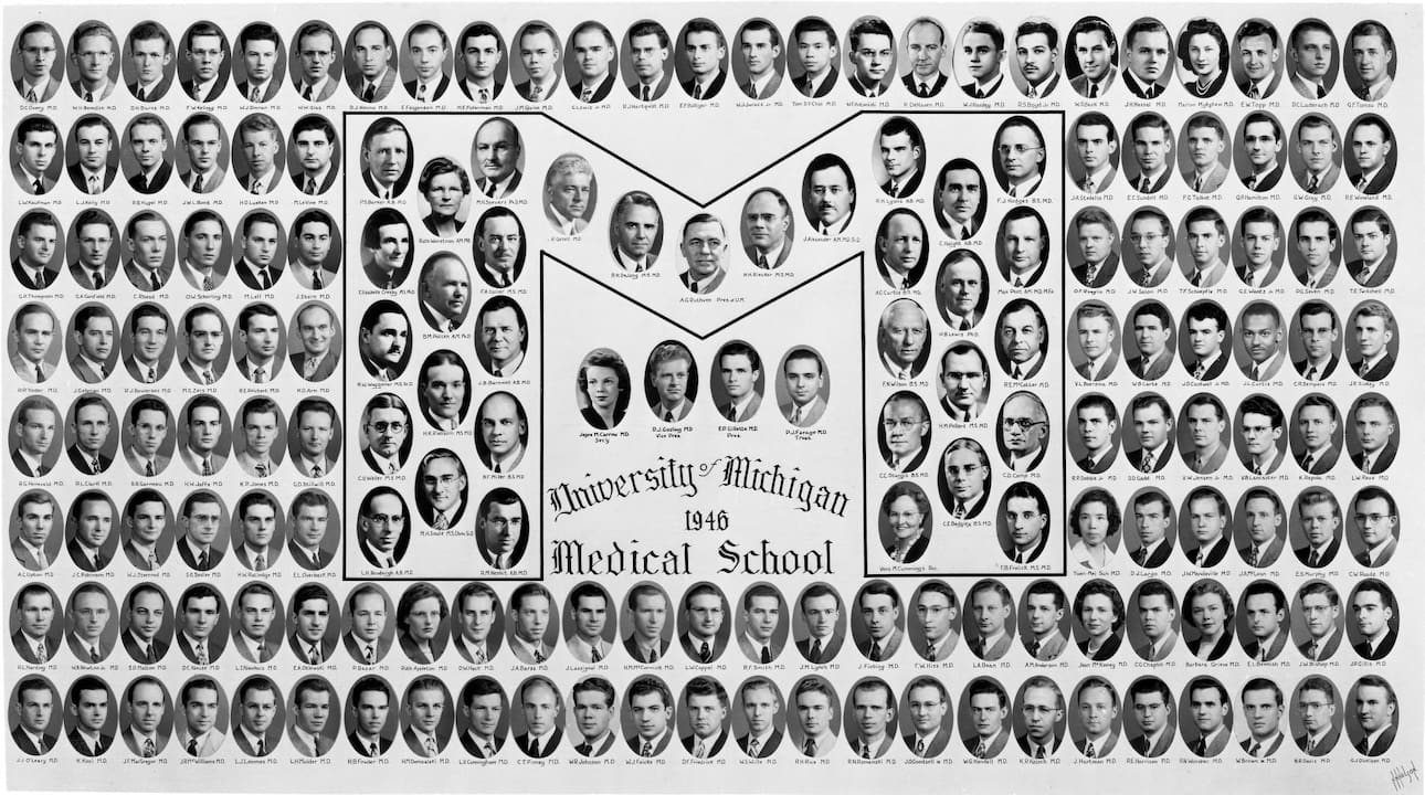 Composite image of all the individual portraits of the University of Michigan Medical School Class of 1946, along with individual portraits of faculty.