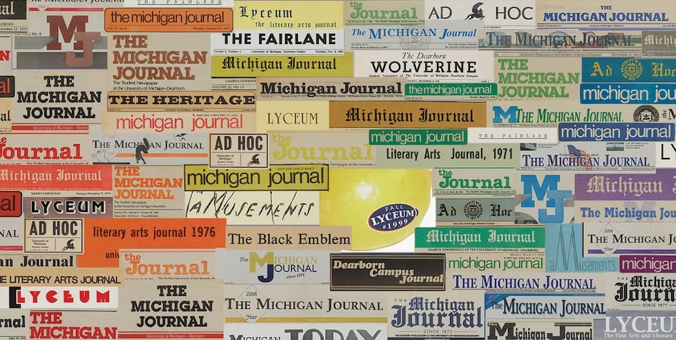 Collage of title headings from student newspapers and publications from the University of Michigan-Dearborn.